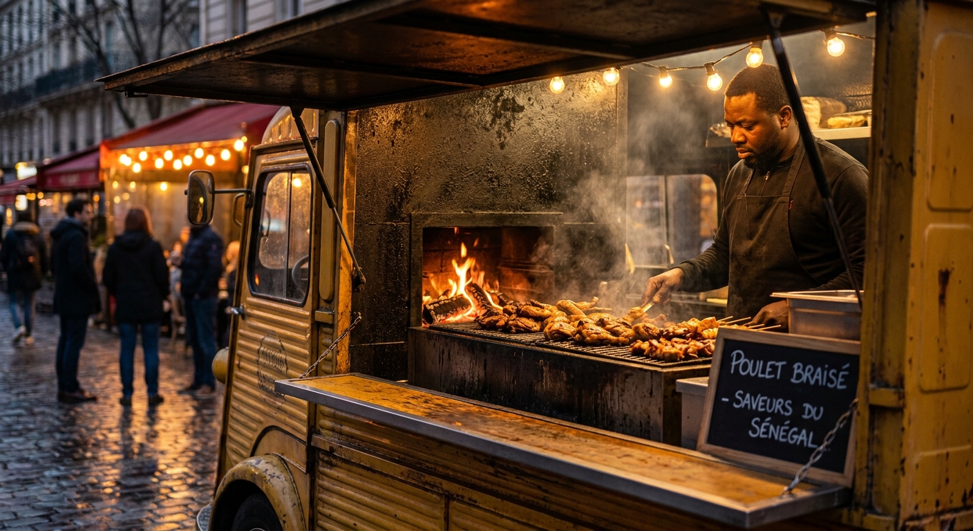 Le food truck Djamdong de profil, le grill au feu de bois